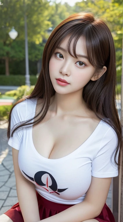 , Korean beauties, Korean mixed, realistic, (((best quality))), 8k, ((masterpiece)), (extremely delicate and beautiful), very detailed, ((very detailed face)), (very detailed eyes)), best quality, 1 girl, solo, (Evangelion anime t-shirt: 1.1), shiny skin, shiny hair, heart-shaped pupils, (big breasts: 1.4), short skirt, (sit up straight),