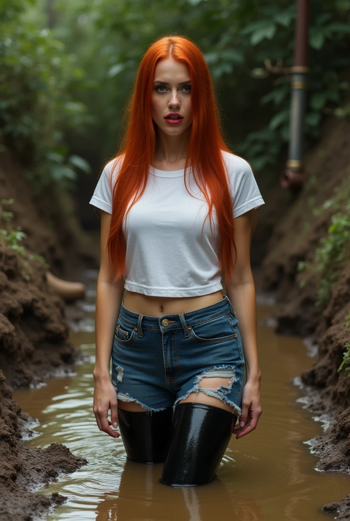 ultra realistic, photography, long red straight hair, 30 years old, hourglass figure, perfect fit body, natural big breasts, drama, soaking wet girl, t-shirt, black shiny latex stockings, cut-off jeans shorts,standing deep in muddy strean sinking, void background, red lips, muddy stream pipe,