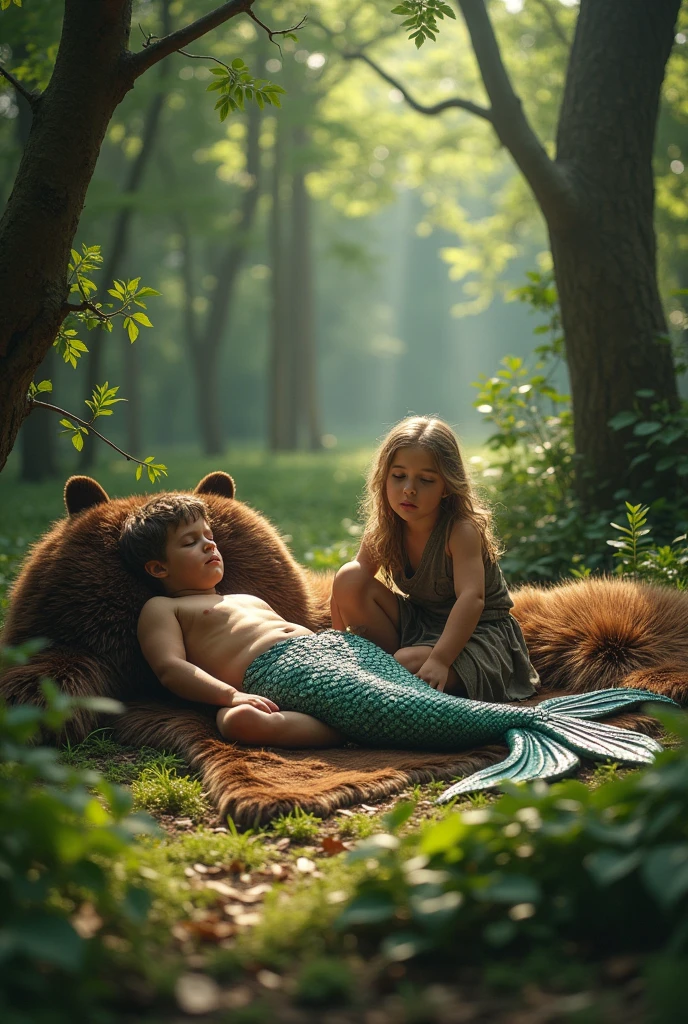 Create an image of a sitting looking around: a hunter asleep under the bear skin and a mermaid asleep on the bear skin