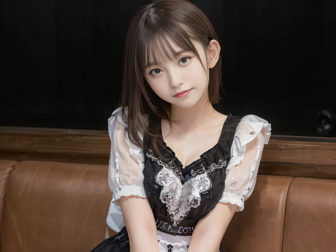 ((Dark interior with eye-catching neon lights、Large windows、Night view、Alcohol is displayed))、8k、(Photorealistic)、(Ultra-high realism)、(Ultra-high resolution)、(Ultra-high resolution)、((Cute Smile)) (、Very cute face, )、(Smooth Skin、Realistic texture)、Realistic eyes)、(Brown Hair、Moisturized hair、Shiny beautiful hair、Short Bob、Hair behind the ear、Very fine hair)、Beautiful breasts、Beautiful breasts cleavage、Narrow waist、narrow、BIG ASS、(Black short sleeve lace top、micro mini)((Neon tube background))、(Red clothing)、bar counter、Sitting on the couch、Lift your legs(Erotic and bold gravure poses))、((Full Body Shot))、(idol)、(Side angle)、Cowboy Shot、Waist、Thighs、I can see your belly button、