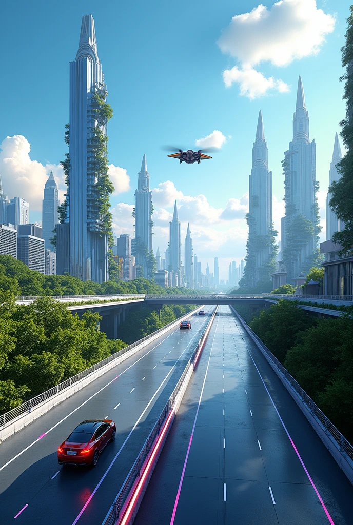 A highway with the futuristic city of Kikuyo, Kumamoto Prefecture, in the background