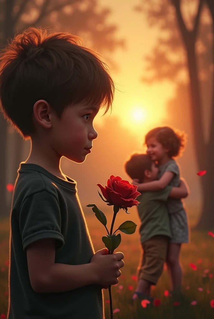 A sad boy with a rose, watching his girlfriend with another child hugging each other 