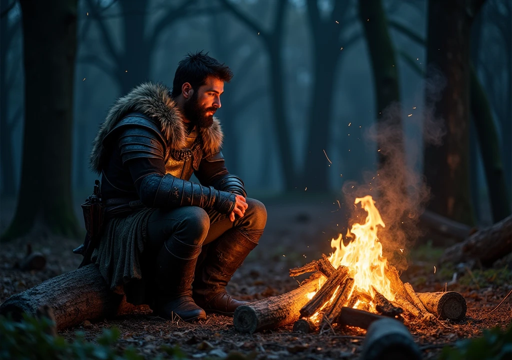 Weary warrior resting near bone fire at night