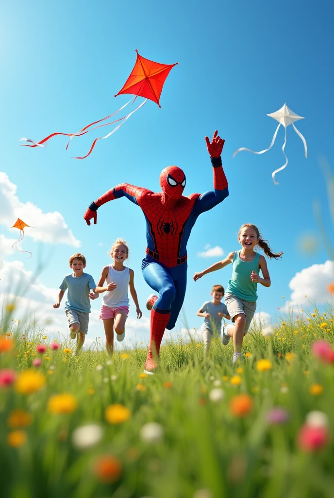 Spiderman running after a kite, face screaming, right hand raised, focus on face, field background, there are children playing kites, ultra realistic, 8K