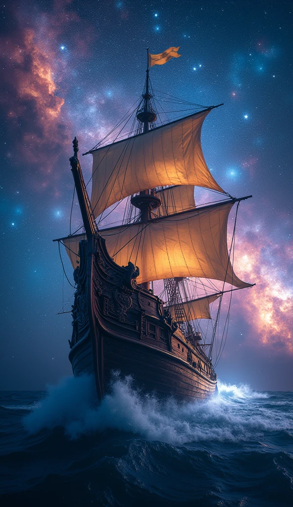 Wooden sailing ship flying through the stars、Dramatic lighting、Bright colors、Cinematic composition、Ethereal atmosphere、Detailed digital art、Very detailed、8k、masterpiece