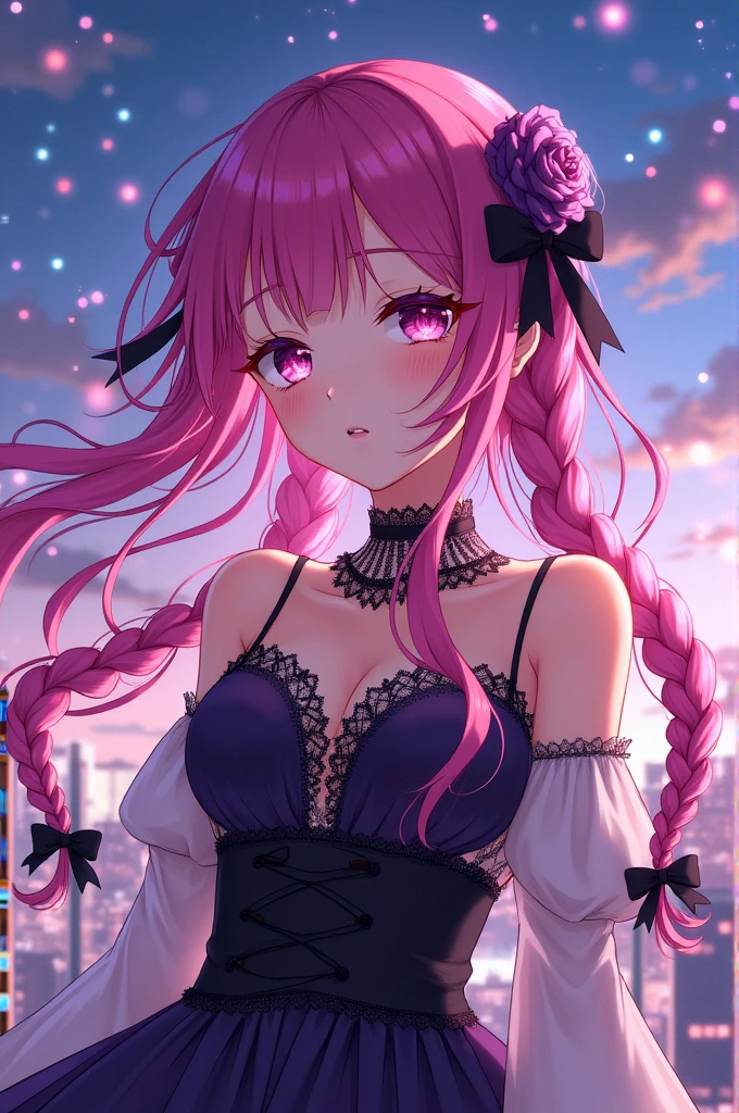 Bnha anime girl pink hair, bright magenta and purple and eyes of that same color, black ribbons and elegant clothes
