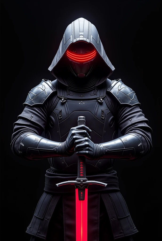 Image of a samurai with a red band covering his eyes on a black background. It is a samurai who has a sword near his neck. A large sword can only be seen from his torso up in an anime style with a futuristic mecha. His sword is red and the red bandage covers his eyes. They cover his eyes from forehead to nose. , His armor is futuristic, Video game animation style with both hands he holds his sword and with his red scarf covering his eyes from forehead to nose you can&#39;t see his eyes animation style 