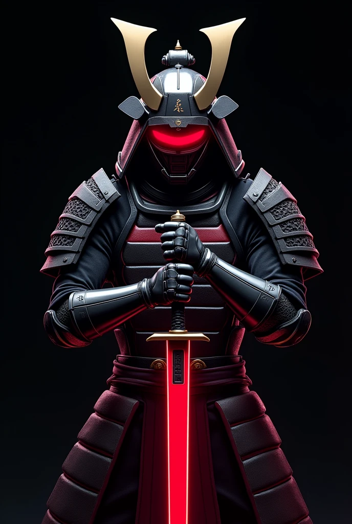Image of a samurai with a red band covering his eyes on a black background. It is a samurai who has a sword near his neck. A large sword can only be seen from his torso up in an anime style with a futuristic mecha. His sword is red and the red bandage covers his eyes. They cover his eyes from forehead to nose. , His armor is futuristic, Video game animation style with both hands he holds his sword and with his red scarf covering his eyes from forehead to nose you can't see his eyes animation style