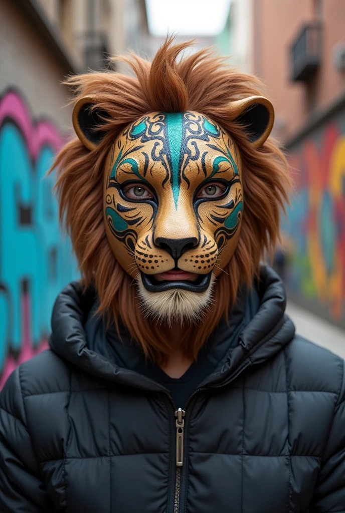 Young man wearing a mask　　The mask has a lion motif　Mouth is visible　Front facing