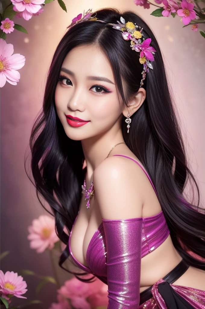 sexy Thai model who controls poison、beautiful smile、lipgloss、bold lipstick、intense makeup、look at the camera、full body Esbian、、sparkling poisoned flower costume、、、、sparkling Colorful hair、secrete poison、skull hair accessories、sexy tights、shiny sparkling flowers background