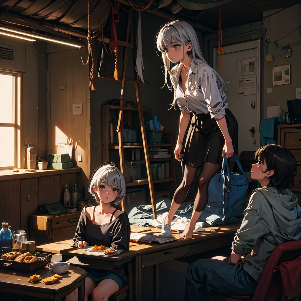 Garbage dump、Dark atmosphere、Poor boy、Gray Hair、Tattered clothes、Sit down