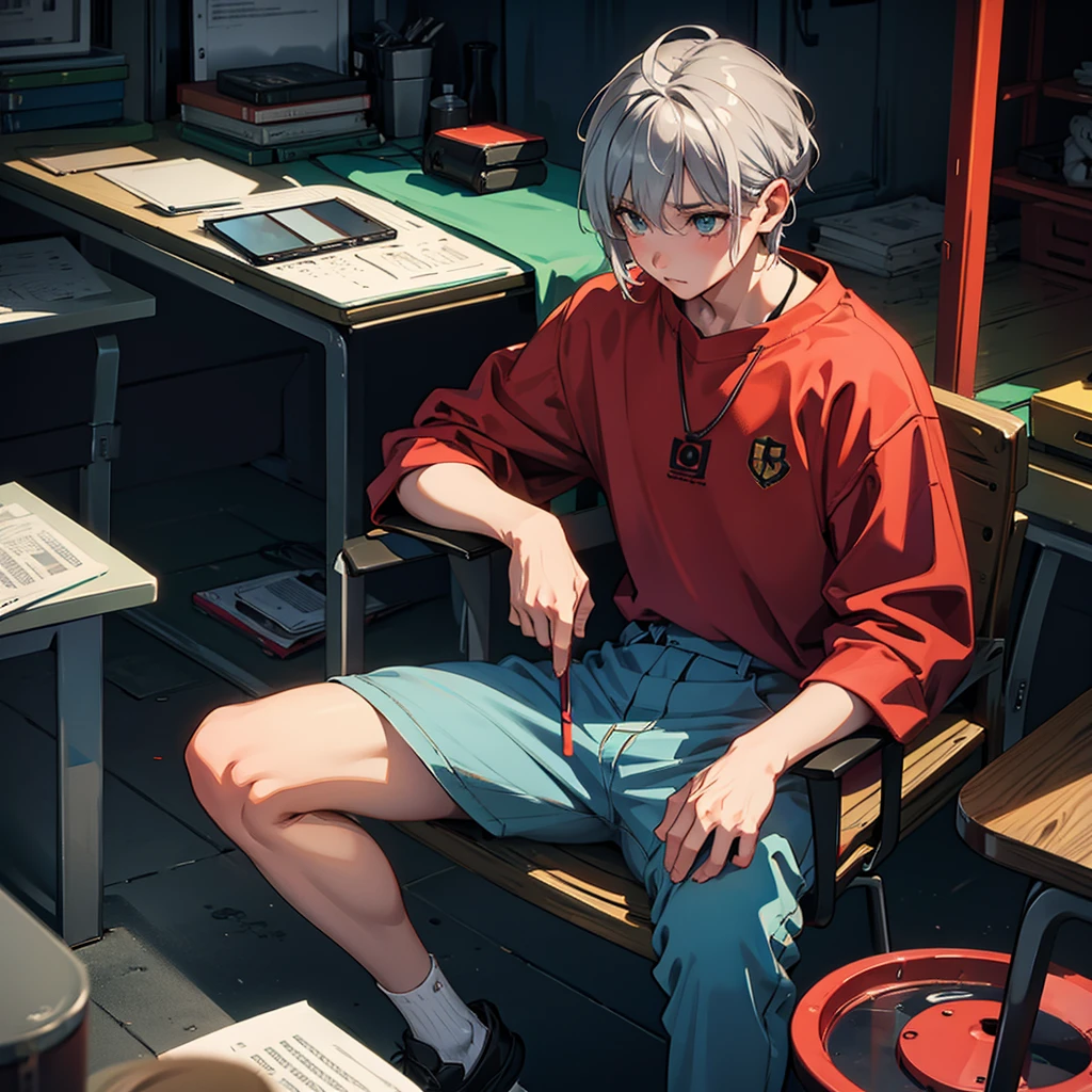 Garbage dump、Dark atmosphere、Poor boy、Gray Hair、Tattered clothes、Sit down