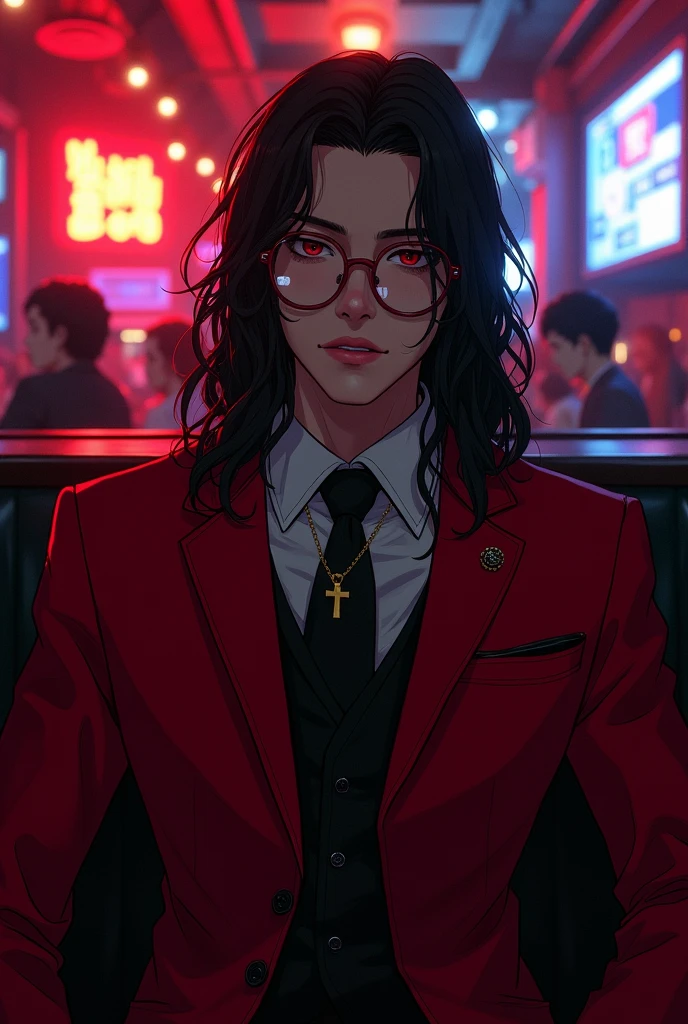 (Manhwa:3:2) Manhwa Cover, japanese text on screen, Black Long Hair, Underground Club, Club Booth, Red Suit, Black Tie, Rimless Glasses, Cross Necklace, Sitting in Booth, Red Eyes, Handsome Face, Man,