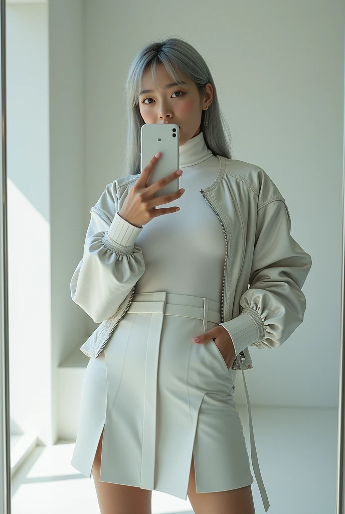 highly detailed, beautiful, hyper Realistic girl, masterpiece, best quality, Japanese sexy gravure woman, 28 years old, identity hidden, takes a selfie in her room using a smartphone in front of a mirror with one hand, fashion model Posing, looking away from the camera, /// gray short hair, light color eyes, Realistic skin, Detailed face, /// casual fashion theme, Design a futuristic fall fashion ensemble centered on white, keeping in line with minimalist aesthetics. The outfit should include a white, form-fitting turtleneck with metallic accents and asymmetrical sleeves, paired with a high-waisted, white A-line skirt made from a tech fabric that has a slight sheen. Layer with a structured, short white jacket featuring angular shoulder pads and reflective panels. Complete the look with white ankle boots that have a metallic finish and a translucent, geometric bag. The overall vibe should exude a sleek, forward-thinking style that seamlessly blends modern minimalism with a touch of the future, /// Monotone simple modern taste single room, mirror, complicated background,