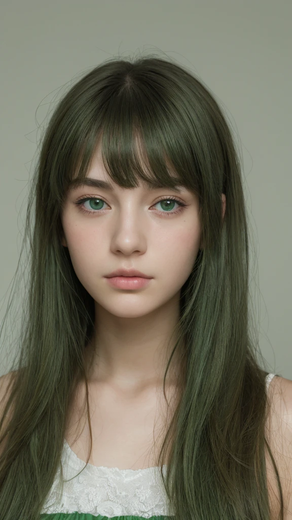 a girl. European. Extremely detailed face. Oval face. Delicate facial features. Half-closed eyes. Long straight hair. Messy hair. Bangs. Green hair. Green eyes. Sad. Shy