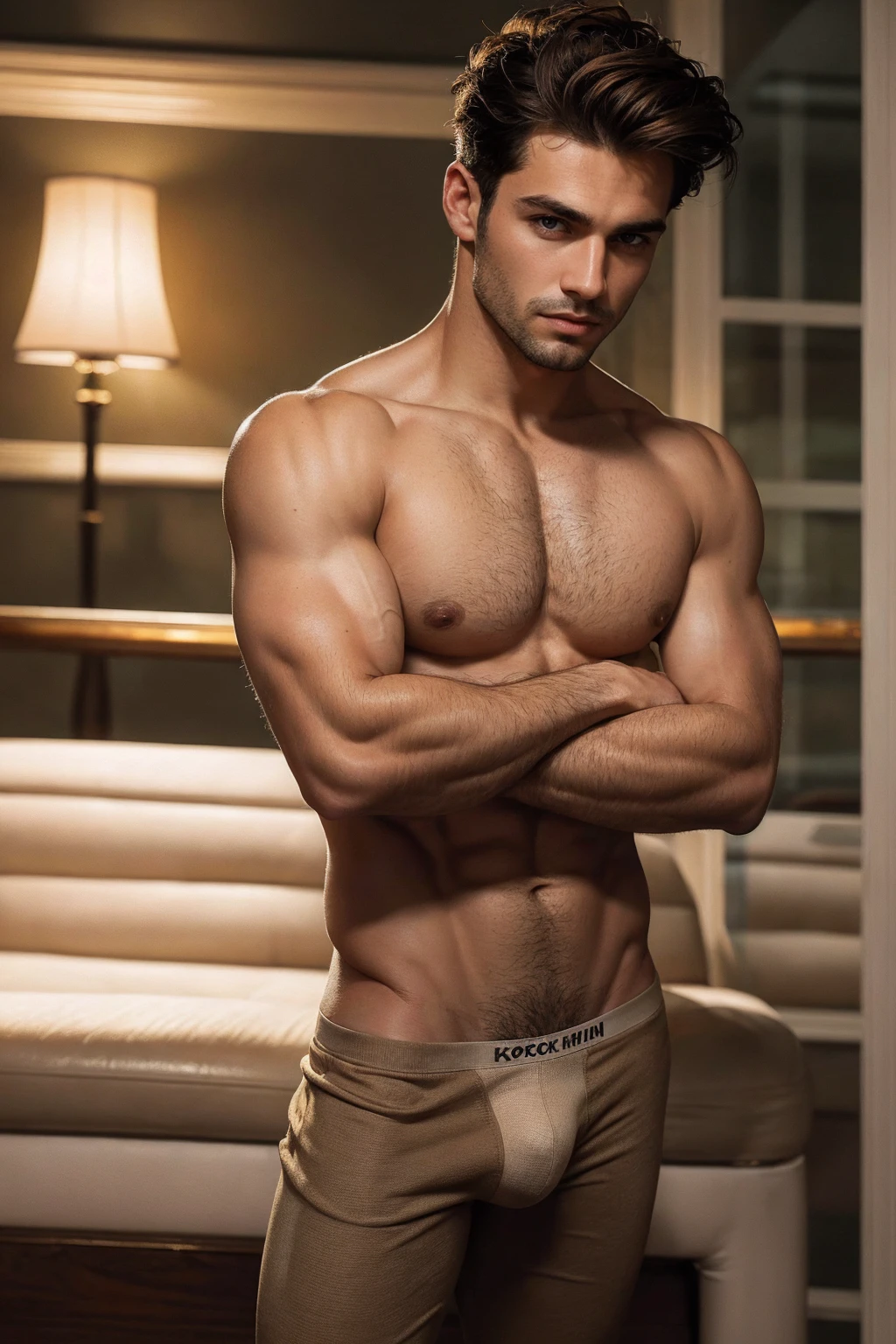 (European Man portrait:1.5),Masterpiece:1.5, Best quality:1.5, Solo:1.5,European Hot Man:1.5,Fierce face:1.5, fierce mood:1.5,background is a Black brick wall:1.5,skinny boy body:1.5, muscle body:1.5,sport body:1.5, big muscle:1.5, Handsome face:1.5,Natural eyes:1.5, athletic physique:1.5, slender:1.5,body hair:1.5, He was wearing tight Black Calvin Klein underwear and curved legs.:1.5, perfect:1.5 , male:1.5,correct male scrotum:1.5, perfect scrotum:1.5, male structure:1.5, short detailed hair:1.5, Sexy guy:1.5, looking at viewer:1.5,Standing:1.5,highest detail:1.5, superior quality:1.5, natural lighting, beautiful:1.5, sexy:1.5,correct anatomy:1.5, good composition:1.5, man focus:1.5,amazing composition:1.5, front view:1.5, HDR, volumetric lighting, ultra quality, elegant:1.5,vpl,(the middle of the picture:1.5),(Clear Focus: 1.5),Perfect Body virile: 1.5,pale skin:1.5, very pale skin:1.5, light skin:1.5,(Perfect fingers:1.5), (perfect arm shape:1.5),(perfect leg shape:1.5),(perfect body shape:1.5),(bulky bulge and medium butt:1.5),Undercut Hairstyle:1.5,(Light Brown Hair Color:1.5),Standing facing forward:1.5, standing with arms crossed:1.5
