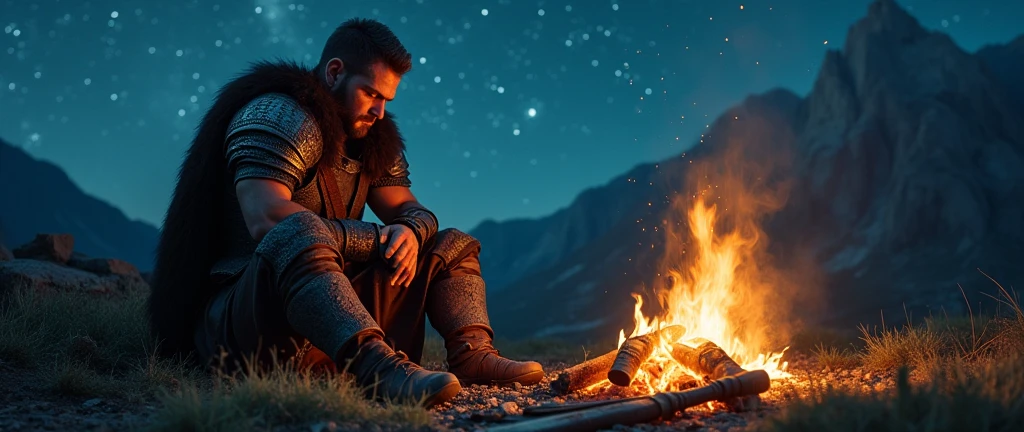 weary warrior resting near bone fire at night 