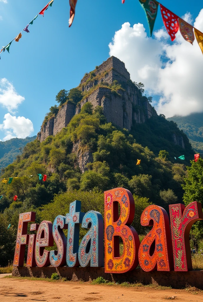 Generate a poster with the background of kuelap with the words, FiestaBar