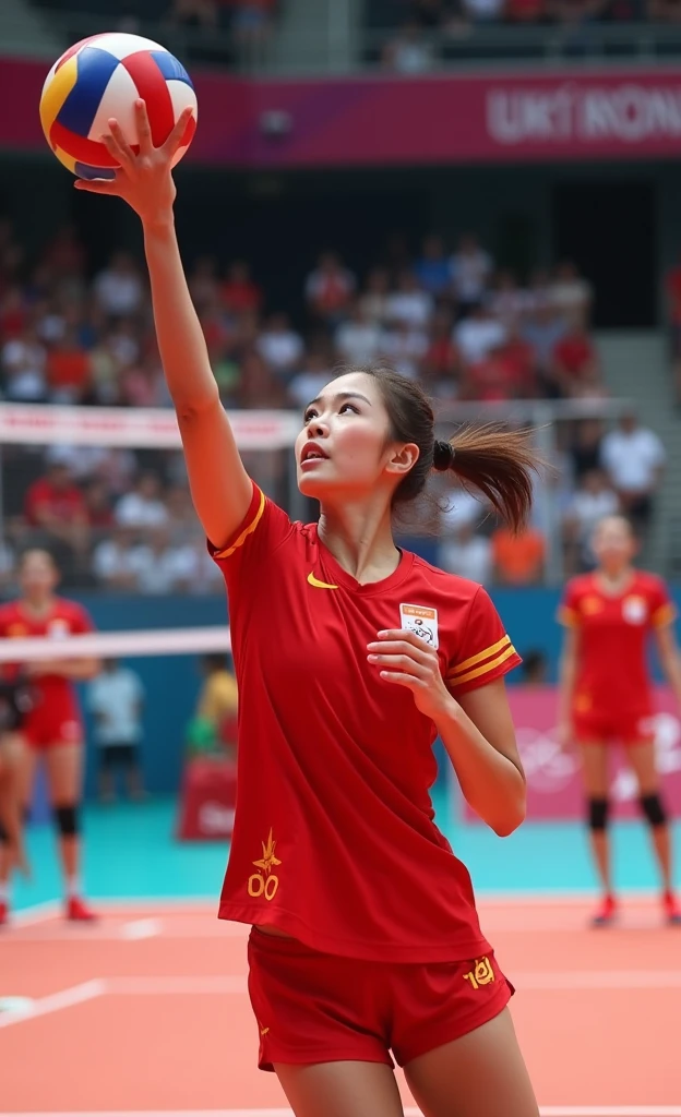 Chinese women's volleyball team,18-year-old beauty,Fair skin,Pretty Face,(Korean plastic surgery face),Olympic finals,spike,Pass,Intense and exciting,Red jersey,Olympic Games background
