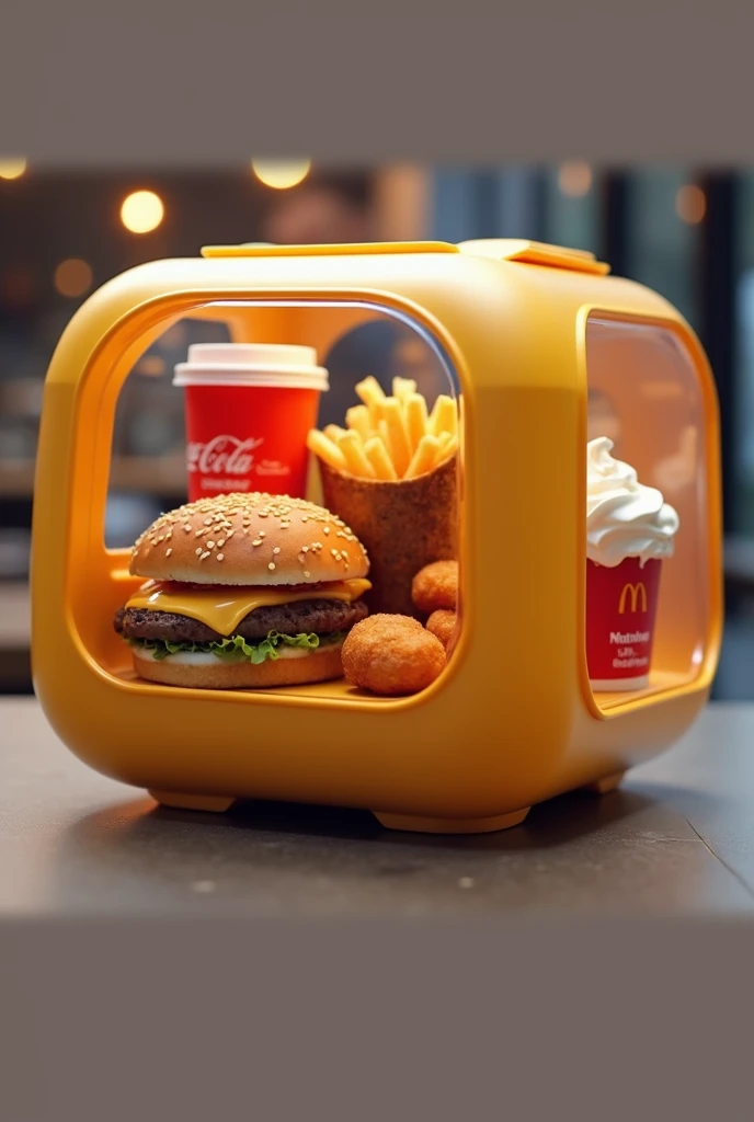 Créer moi une marque de nourriture qui s'appelle : Smart-food, ils servent leurs clients de la nourriture dans des conteneurs rectangulaire ou carré, transparent en plastique, avec des bords arrondis, a l'intérieur de cette boite, se trouve de plus petites boites individuelles, chacune de ces petites boites contiennent : 1 Burger, des frites, des nuggets, 1 Coca-Cola et un McFlurry. 