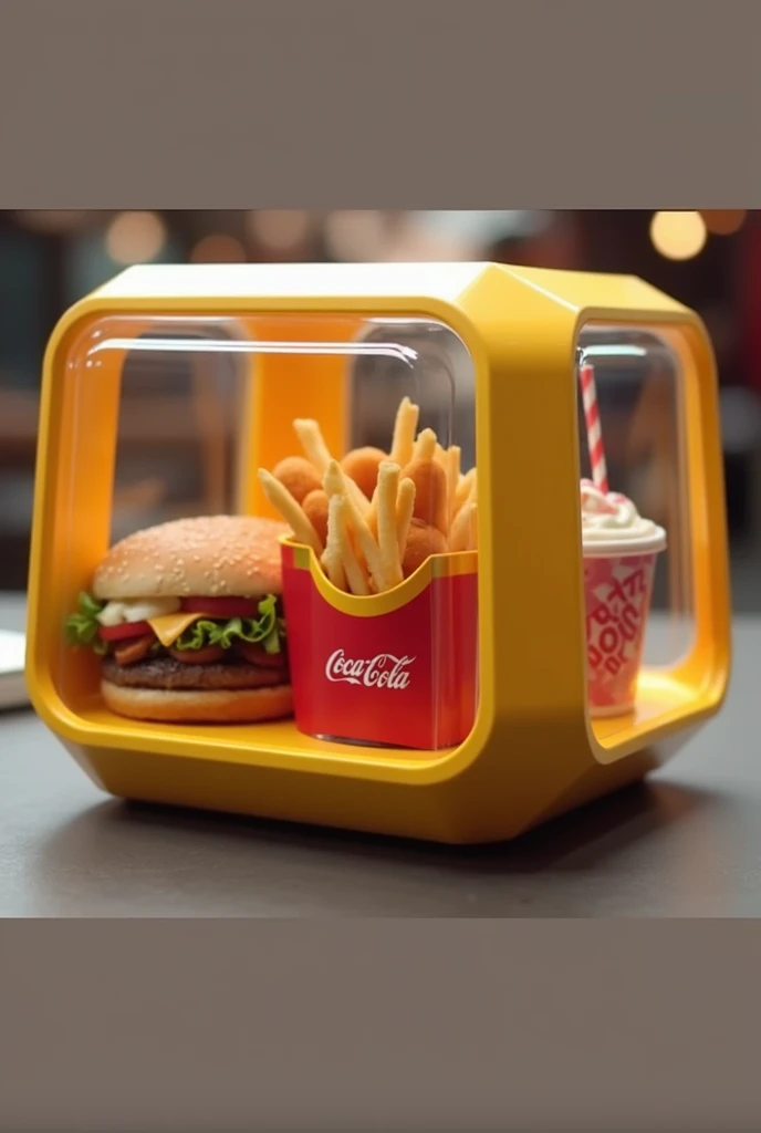 Créer moi une marque de nourriture qui s'appelle : Smart-food, ils servent leurs clients de la nourriture dans des conteneurs rectangulaire ou carré, transparent en plastique, avec des bords arrondis, a l'intérieur de cette boite, se trouve de plus petites boites individuelles, chacune de ces petites boites contiennent : 1 Burger, des frites, des nuggets, 1 Coca-Cola et un McFlurry. 