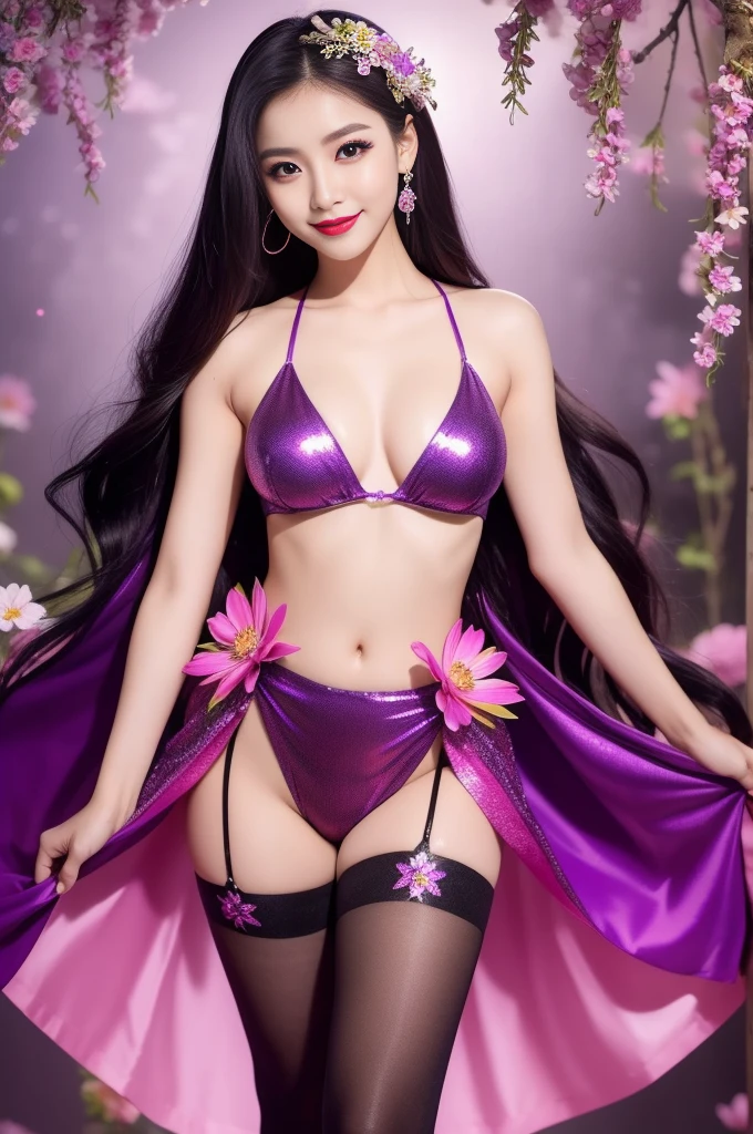 sexy Caribbean model who controls poison、beautiful smile、lip-gloss、bold lipstick、intense makeup、look at the camera、full body Esbian、、sparkling poisoned flower costume、、、、sparkling Colorful hair、secrete poison、skull hair accessories、sexy tights、shiny sparkling flowers background