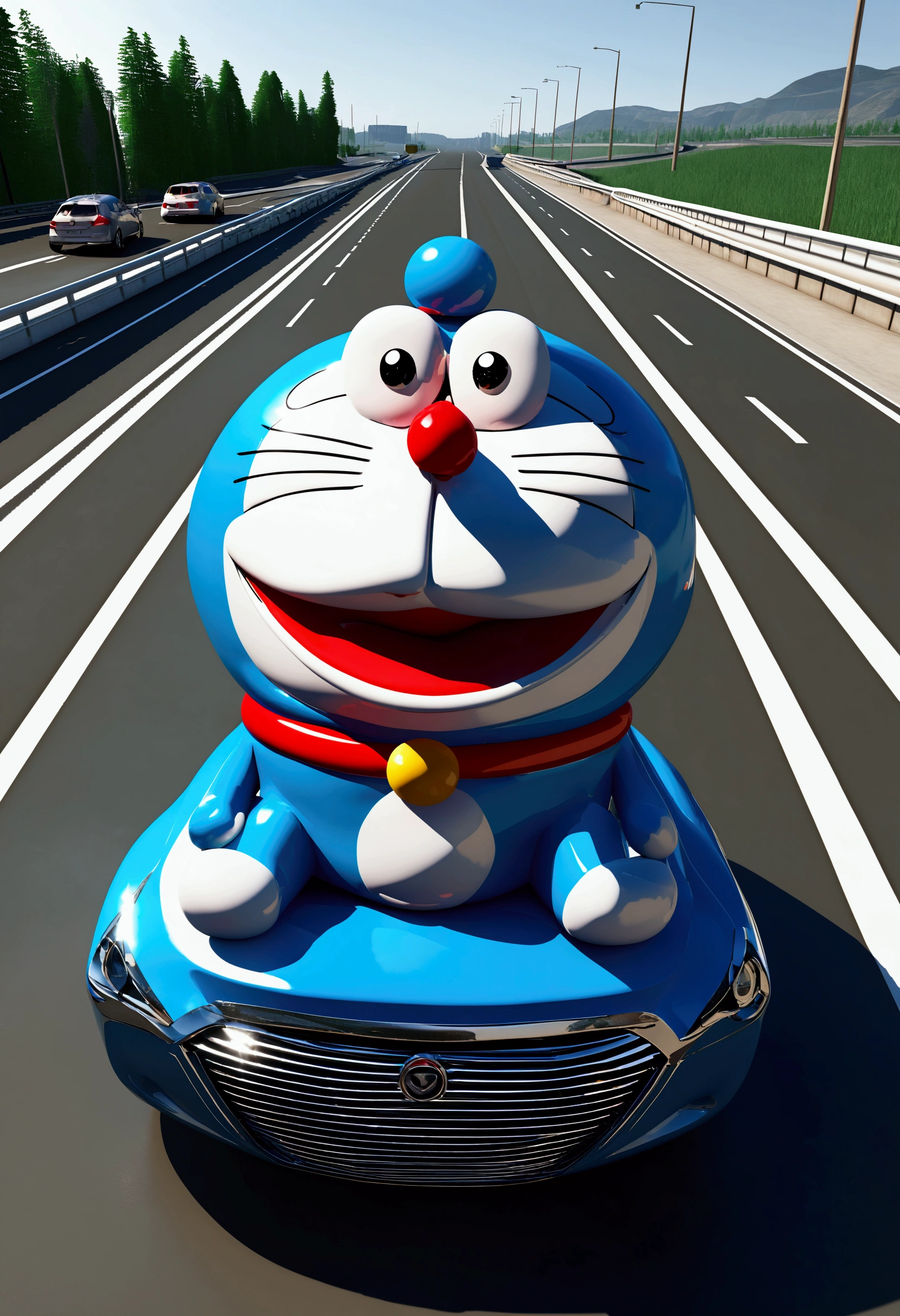 Cartoon image of Doraemon sitting on a car, smiling, highway background, ultra realistic, 3D, 8k,