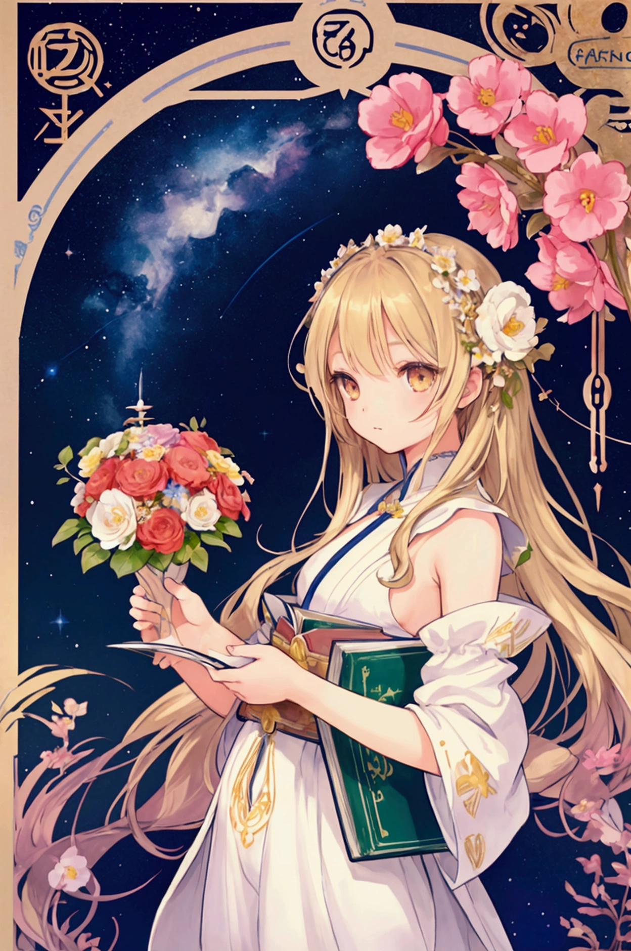 Anime illustration、1 girl、long hair、blonde、Flowers in hair、Brown eyes、Long black eyelashes、Stars on the eyes、Sparkling、Cute 13 year old、Small breasts、Short sleeve flared skirt、The background is a flower field、A kitten plays on a flower stem、Arm2Book、足2Book、Draw with precision、Fingers too5Bookづつ描く、Holding a bouquet with a long stem、The axis rotates in a circle.、Kitten paws2Book、hand2Book、The tail grows out of the butt、Long and fluffy、No matter the season、Alphonse、Finishing with the colors of Mucha's works、Famous illustrators create Art Nouveau works、