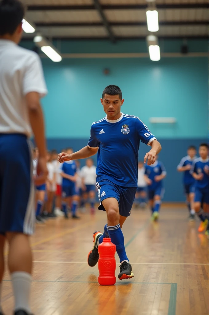 Create Cristiano Ronaldo kicking a plastic bottle on a school futsal court, while wearing the school uniform he is also playing against other people and there are people watching