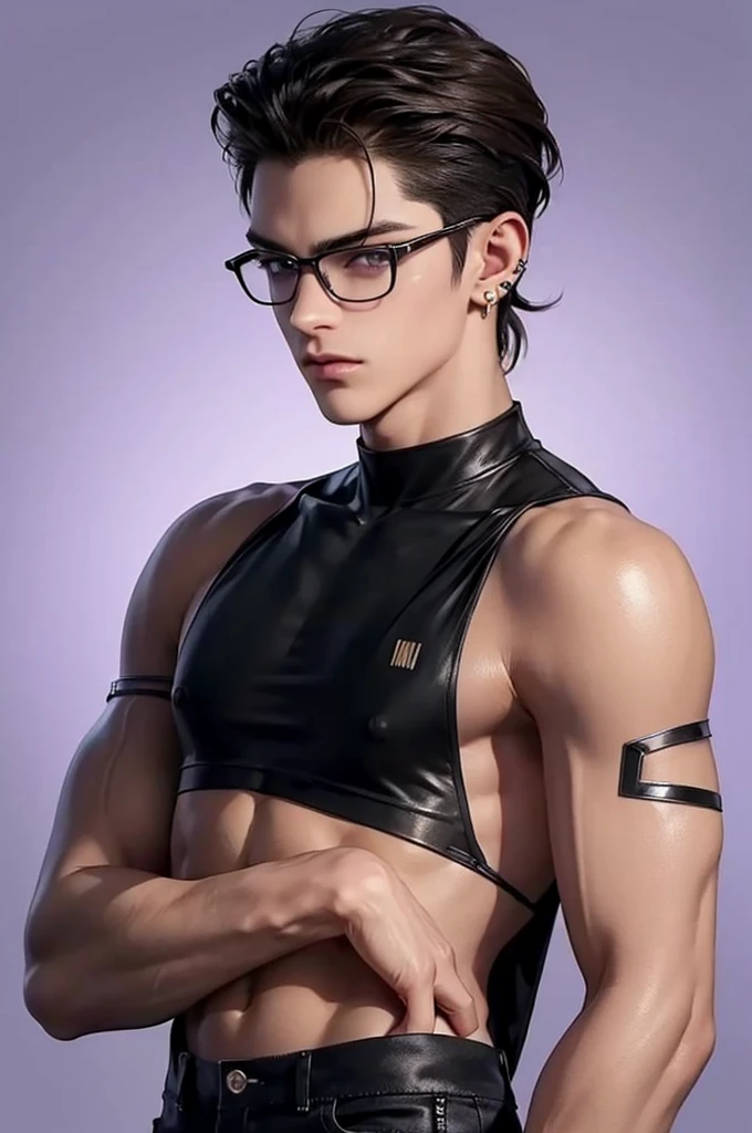 ((Best quality)), ((masterpiece)), (detailed), ((perfect face)), ((half of the body)) perfect proportions, he is a bad boy, 18 years old, he has disheveled long brown hair gathered in a ponytail, combed back, lilac eyes, glasses in a thin Rimmed, badass, he's sexy, he has a lot of piercings, he wears black skin, he has tattoos on his arms, he wears tight pants and army boots, he wears accessories with spikes. It's against the background of a night city ((perfect to do)) The whole body+