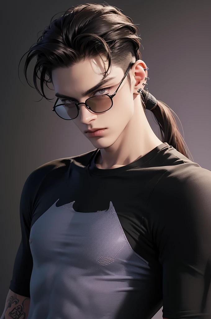 ((Best quality)), ((masterpiece)), (detailed), ((perfect face)), ((half of the body)) perfect proportions, he is a bad boy, 18 years old, he has disheveled long brown hair gathered in a ponytail, combed back, lilac eyes, glasses in a thin Rimmed, badass, he's sexy, he has a lot of piercings, he wears black skin, he has tattoos on his arms, he wears tight pants and army boots, he wears accessories with spikes. It's against the background of a night city ((perfect to do)) The whole body+