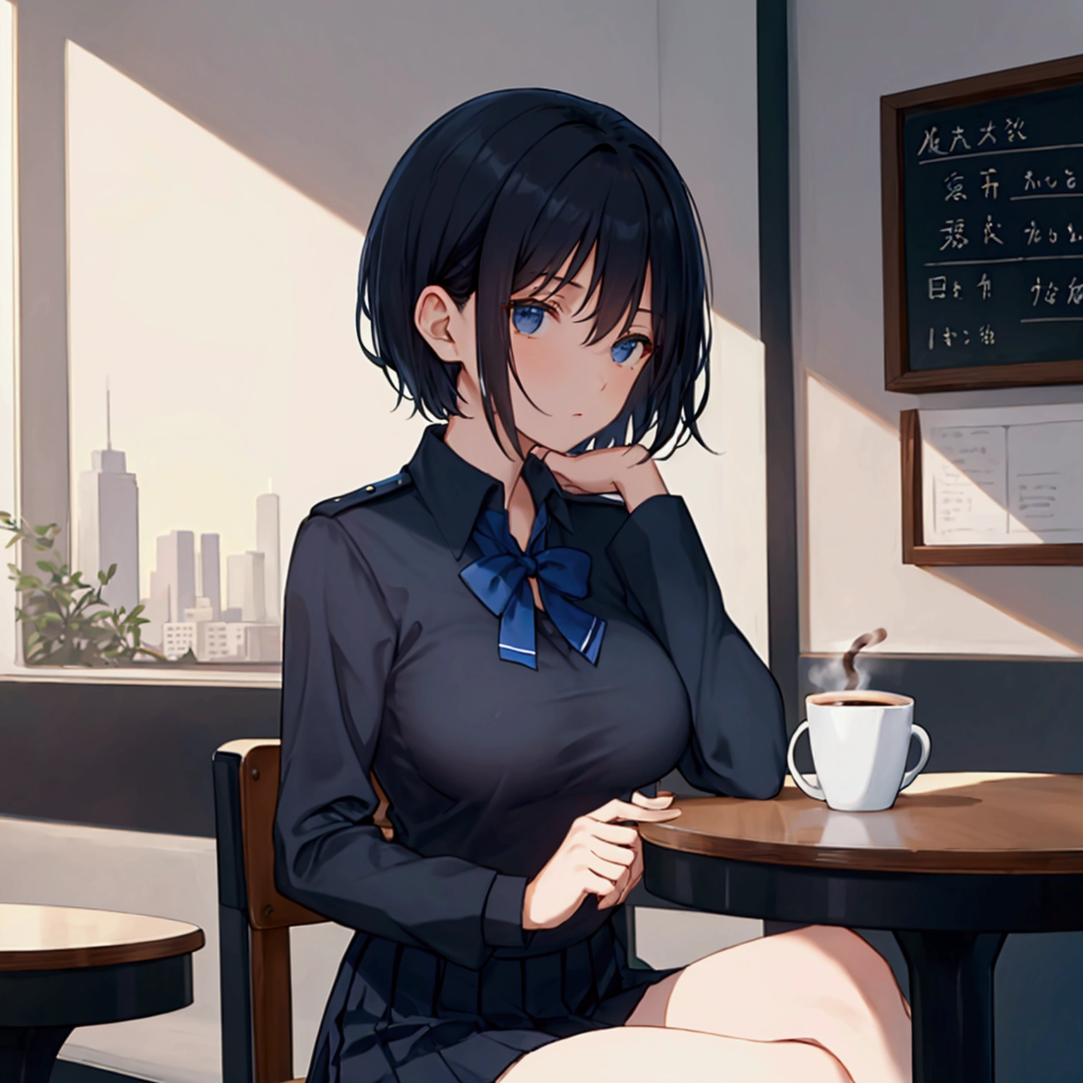 Coffee shop background, school uniform, dark blue uniform, 1woman, solo, dark hair, short hair, shining hair, medium-large breast, sitting behind table, facing viewer, arrogant, 