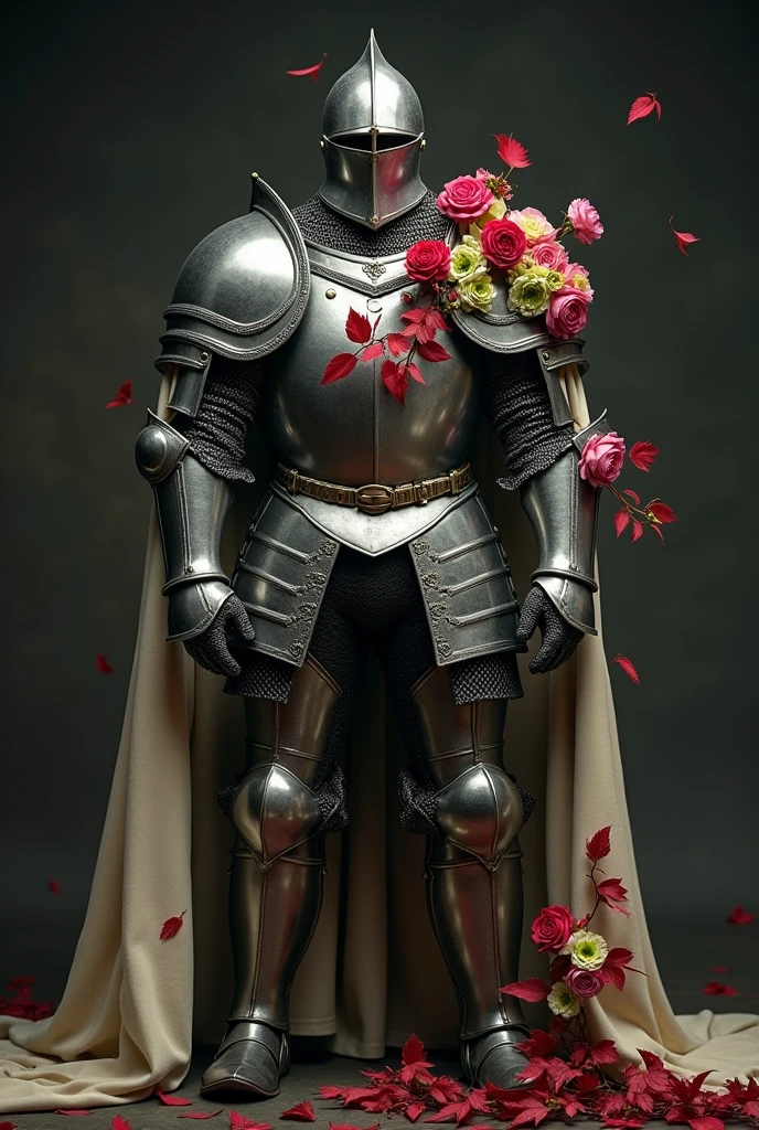 (photorealism:1.2), Even a single, very robust man using a, An elegant large medieval knight costume with a polished steel helm and helmet . The chainmail covers the torso, and over it he wears a steel plate armor with details. The armor includes large shoulder pads, gauntlets, and greaves. The boots are sturdy and reinforced with steel plates., and the suit is completed with a very soft velvet cape that touches the ground. The suit is bone-colored, Using a red leafy cape where it touches the ground, it is so late that it looks heavy to carry on the body, it has different flowers of different colors glued on it. In the medieval helmet it has no face or face and is full of roses of different green colors, blue pink purple green as in the body, but in the helmet visor is the majority preventing the person from seeing the atmosphere of the dark character, but of hope, Besides being too robust, he has flowers stuck to his chest., helmet of colors and roses,On his arm he also has roses, On the legs and on the visor there are flowers