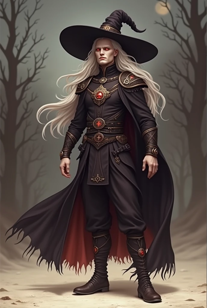 Imagine an albino of medium and robust build, with a presence that mixes strength and mystery. His skin is unusually pale, almost translucent, and his clear red eyes seem to reflect ancient knowledge. Her hair, snow White, falls in long, wavy strands. She often wears dark, flowing clothing., Adorned with esoteric symbols and accessories that seem to have a mystical origin. His bearing is confident and serene., with an aura of wisdom and power that suggests a deep connection to the supernatural.