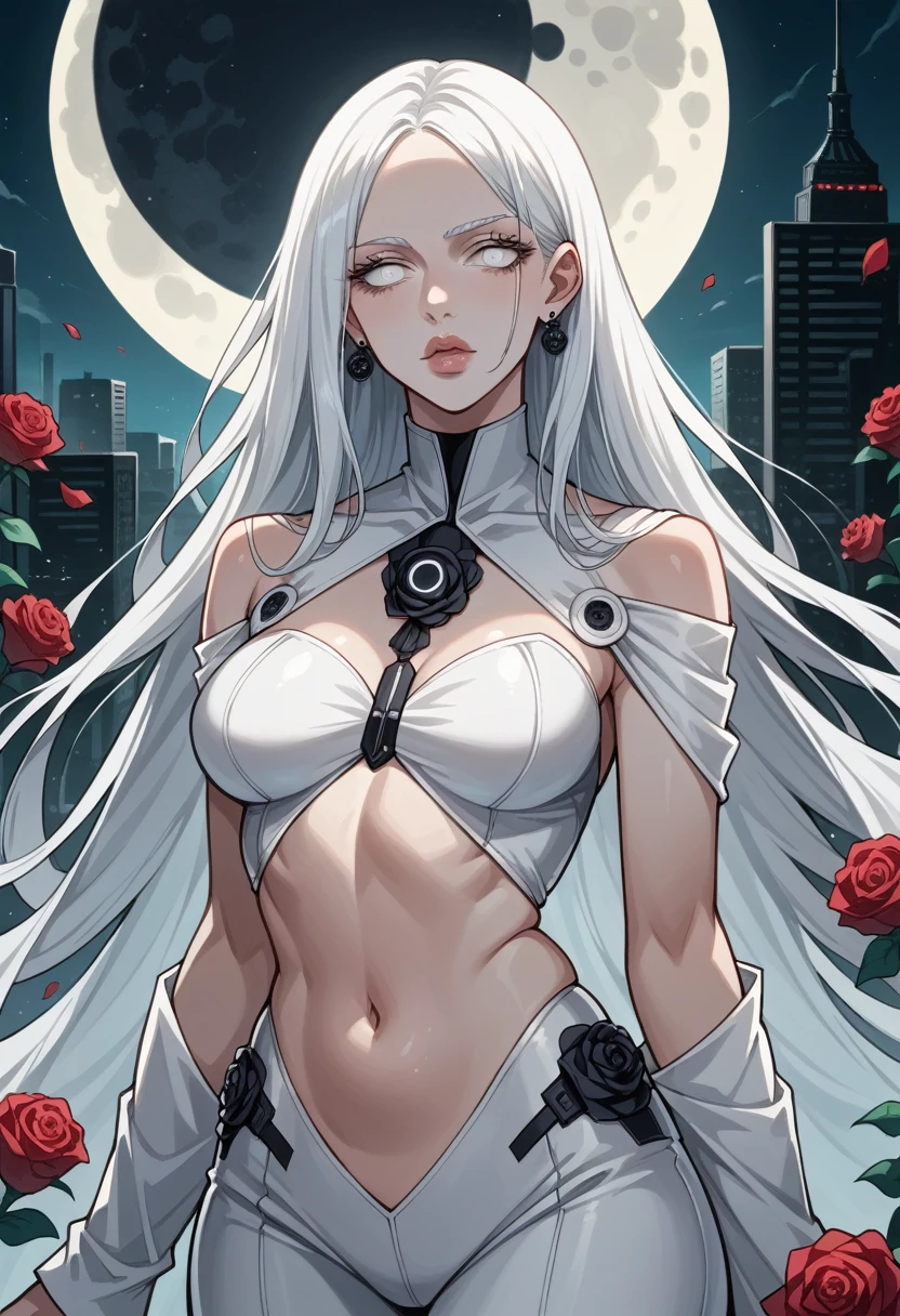 masterpiece, top quality, (One focus), (perfect face:1.1), (high detail:1.1),dramatic, (an alluring albino angel guy with long flowing pure white hair and piercing white eyes),1 guy, (pale skin), long hair, white eyes,  One, long hair, moon, night, white luxury suit, Coated navel, Plump lips, Coated, futuristic city, detailed background, Cinematic lighting by artgerm, roses and grapes, fashion, BalenciagaStyle