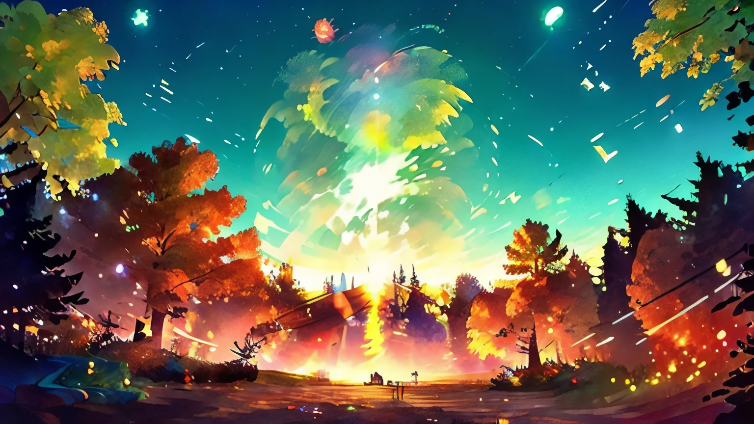 Create a scene set in a quiet night forest. This landscape should be as cute as a fairy tale and feel like a fantasy dream world. The moonlight filters through the trees, casting a gentle glow on the ground. The forest is mysterious, enveloped in a magical atmosphere. There may be animals or fairies, but do not depict any humans. Add vibrant flowers, sparkling stars, glowing mushrooms, and other fantastical elements. The overall vibe should convey tranquility, peace, and dreamlike beauty.