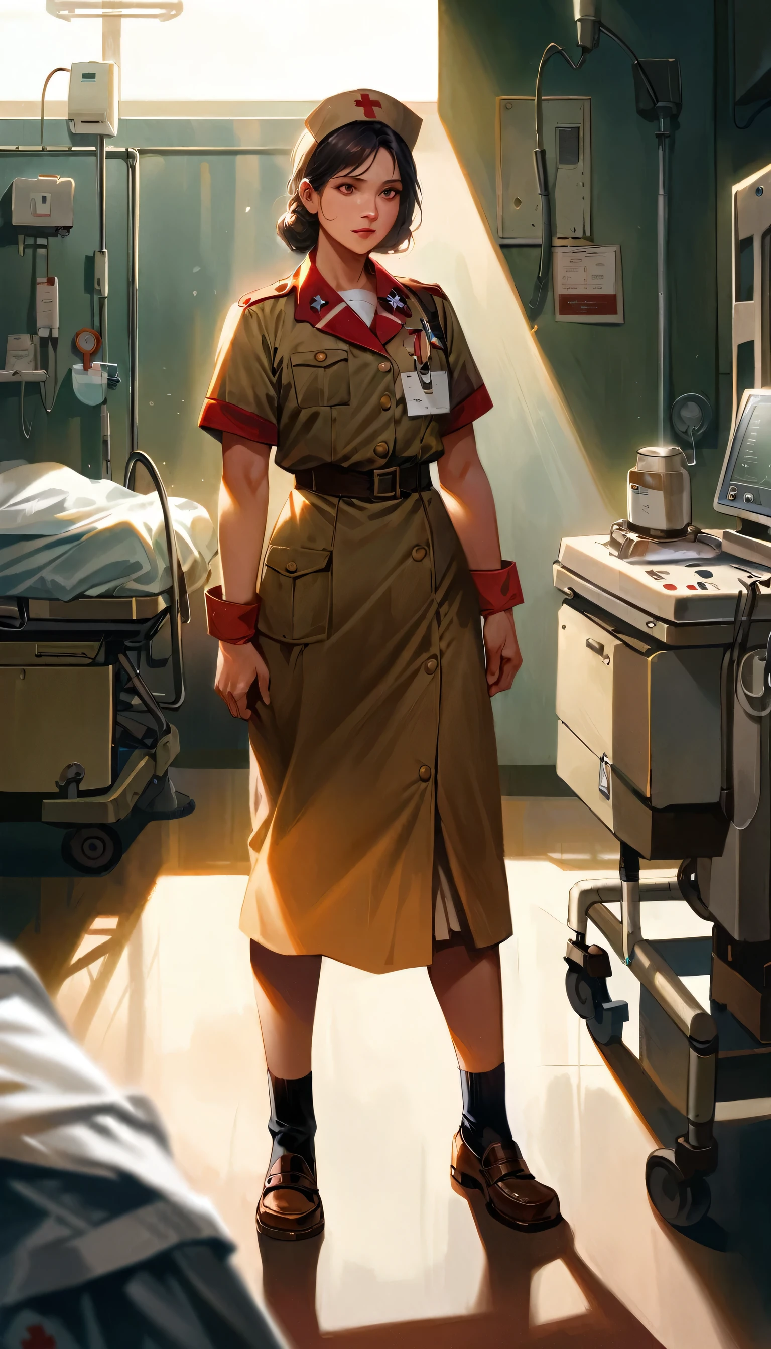 a 25 year old woman working as a nurse in a war hospital during World War II, helping wounded soldiers, full body shot, highly detailed, realistic, masterpiece, cinematic lighting, warm tones, depth of field, volumetric fog, dramatic shadows, realistic human anatomy, medical equipment, hospital interior, ww2 uniform