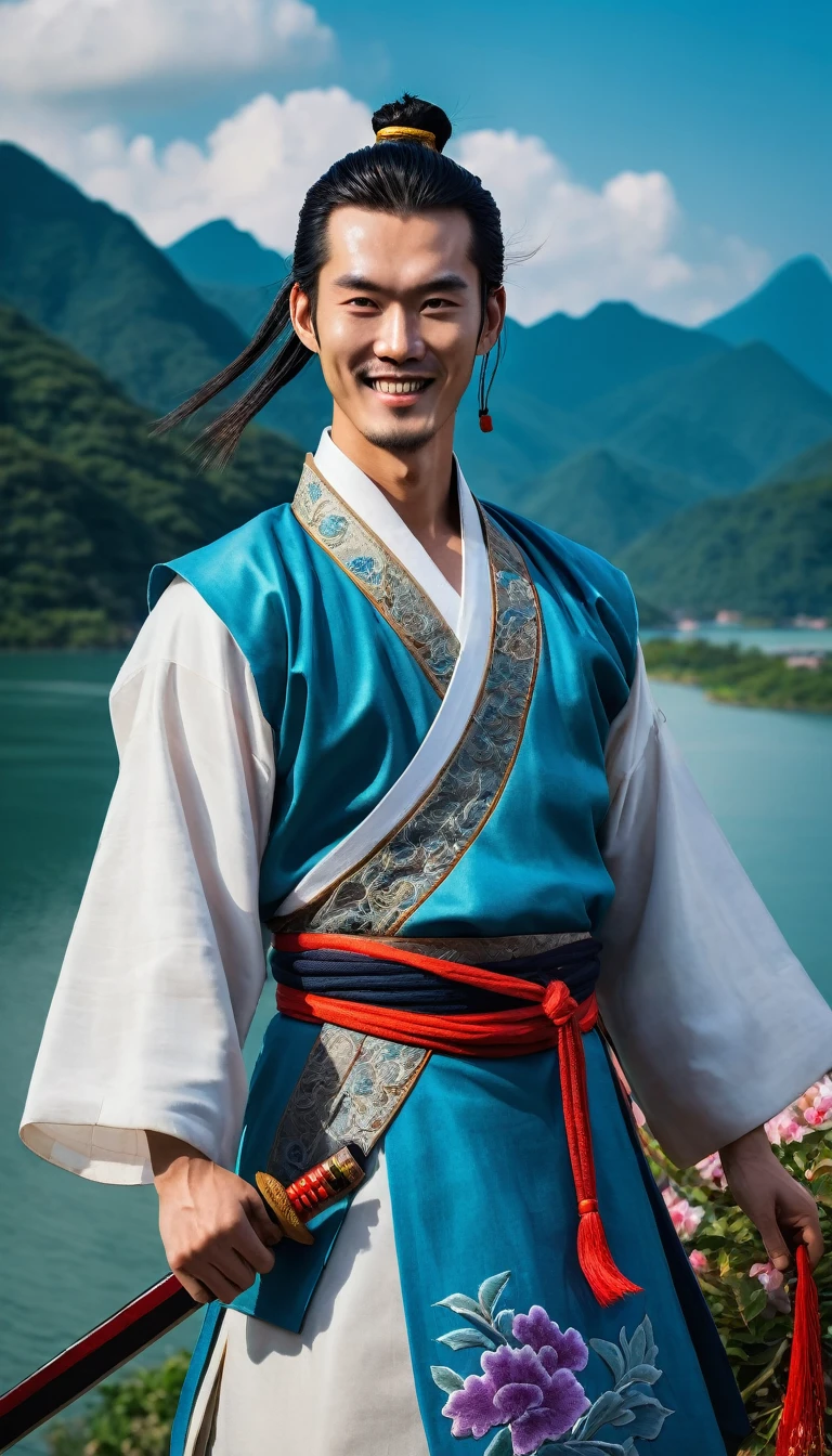 Character Linghu Chong, The Smiling, Proud Wanderer by Jin Yong, China. An extremely handsome young man, wearing ancient Chinese costume, colorful embroidered martial arts costume, holding a sharp sword, wearing a wine gourd around his waist, smiling, using high-end cosmetics, long hair, tied up high, with exquisite hair accessories. The background has blue sky, white clouds, beautiful flowers, majestic mountains, vast lakes. The photo exudes a heroic, brave aura, looking straight at the camera. Hong Kong cinema style. Cinematic lighting, high detail, 8K, artstation, conceptual art, dark fantasy. Photo taken with Canon EOS R5 85mm f/11 camera, ((sharp)) mode of people and surroundings. Picture quality ((8K)), ((realistic)), ((masterpiece)), ((highest sharpness and contrast)), ((amazing depth of field)), ((stereoscopic light)), ((angry, ferocious)), detailed pores, ((Direct light on the face)), bright sunlight.