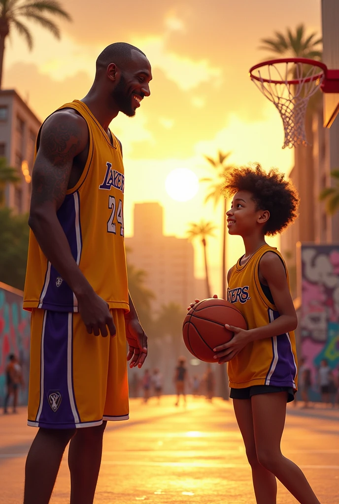 Create an image where this Kobe Bryant is playing with a 15 year old girl, with short hair and brown eyes, measuring 1.57cm