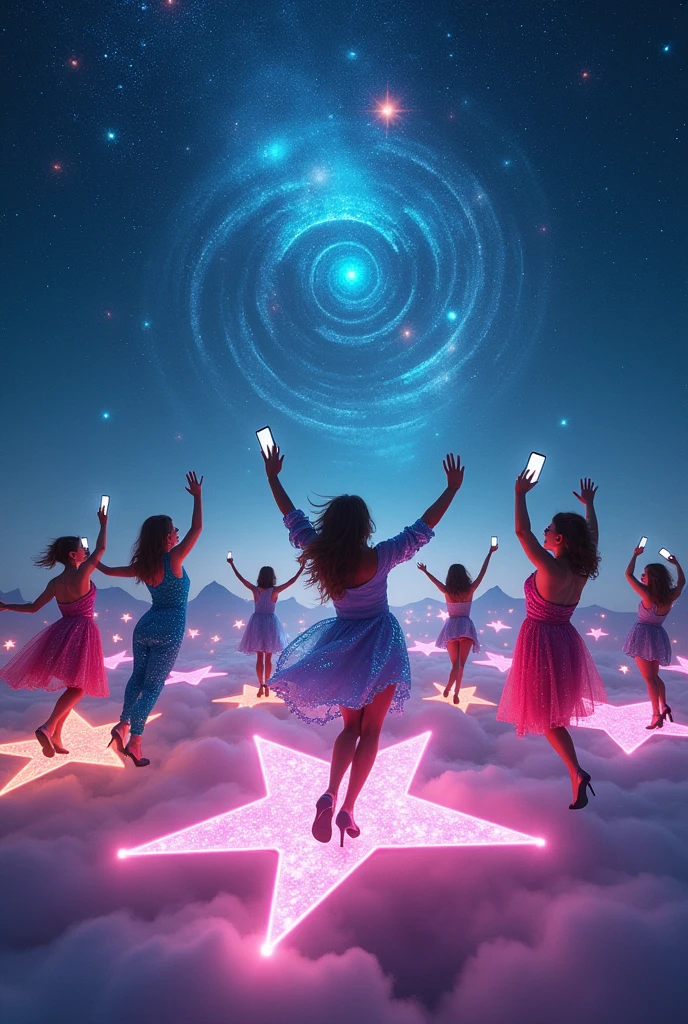 A new planet where a lot of people play tiktok and dance online in smartphone have someone take a video. people standing on stars in space