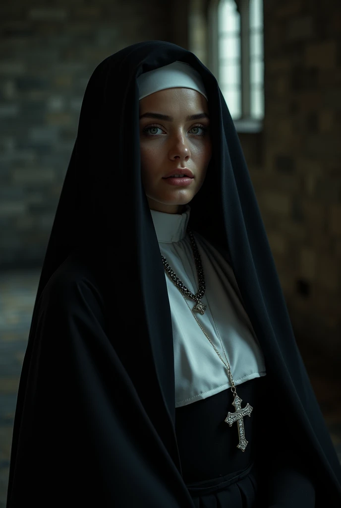 a sexy nun, detailed face, long eyelashes, beautiful lips, nun outfit, veil, cross necklace, standing in a dark church interior, dramatic lighting, cinematic composition, dark moody colors, gothic atmosphere, (best quality,4k,8k,highres,masterpiece:1.2),ultra-detailed,(realistic,photorealistic,photo-realistic:1.37)