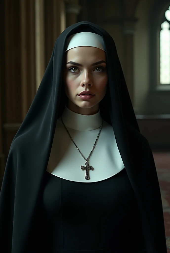 a sexy nun, detailed face, long eyelashes, beautiful lips, nun outfit, veil, cross necklace, standing in a dark church interior, dramatic lighting, cinematic composition, dark moody colors, gothic atmosphere, (best quality,4k,8k,highres,masterpiece:1.2),ultra-detailed,(realistic,photorealistic,photo-realistic:1.37)