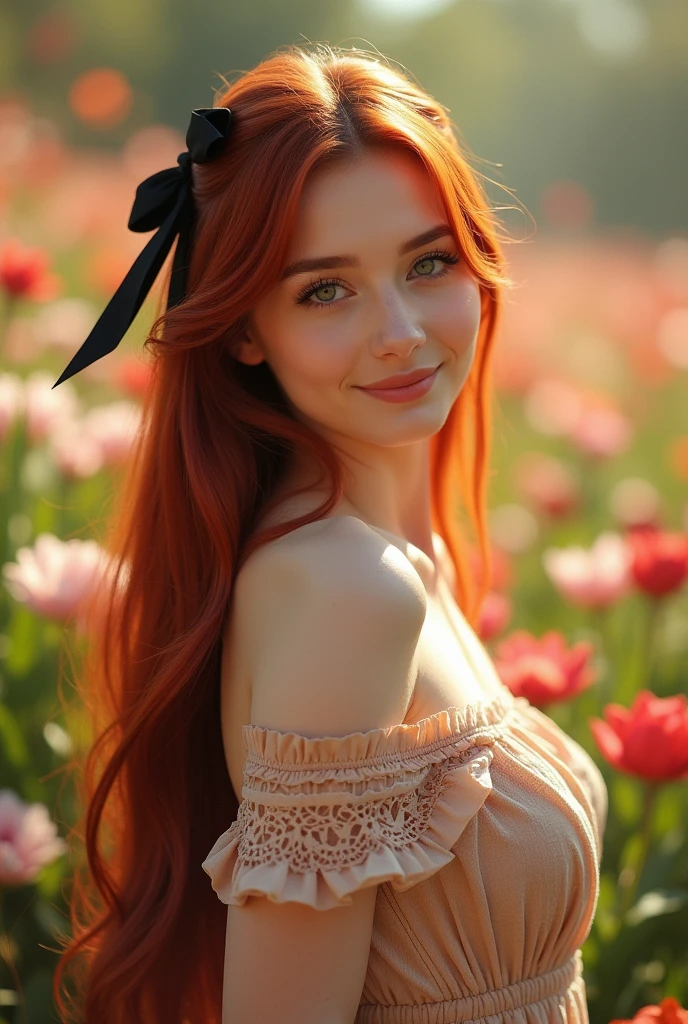 ultra realistic, photography, long red straight hair, 24 years old, hourglass figure, perfect fit body, natural medium breasts, (Best Quality,high resolution), a small black bow in her hair, vivid colors, Sharp focus, beautiful detailed eyes, beautiful detailed lips, White skin, Lovely makeup, soft and flowing hair, delicate features, elegant pose, gentle smile, background with flowers, garden landscape, soft sunlight