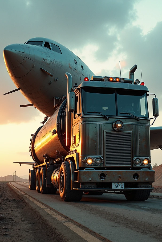 a large lorry truck with a plane wing attached to the body, hyper realistic, ultra detailed, 8k, photorealistic, dramatic lighting, cinematic, intricate machinery, complex engineering, chrome accents, futuristic design, metallic textures, glossy surfaces, dynamic pose, dramatic angle, matte painting style, moody atmosphere, gritty post-apocalyptic aesthetic, vibrant colors, deep shadows, warm highlights