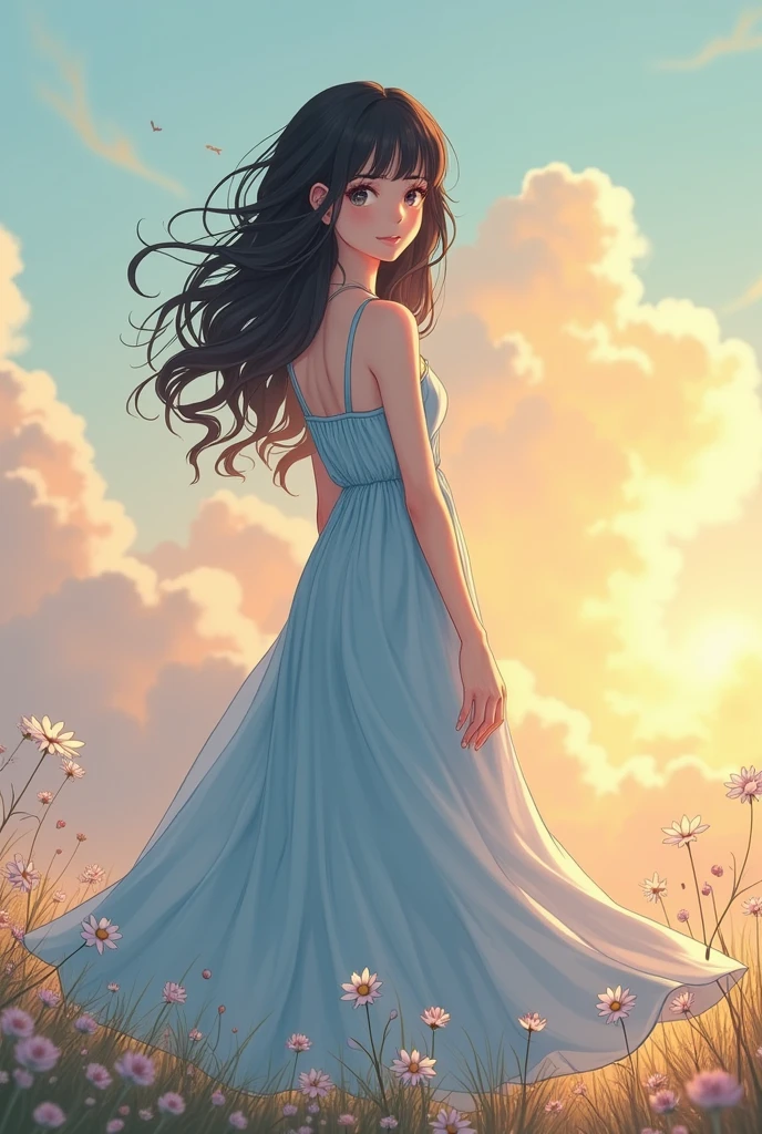 A 19-year-old girl, with wavy black hair, gray eyes, pale skin. Dressed in a long dress of light sky blue fabric.