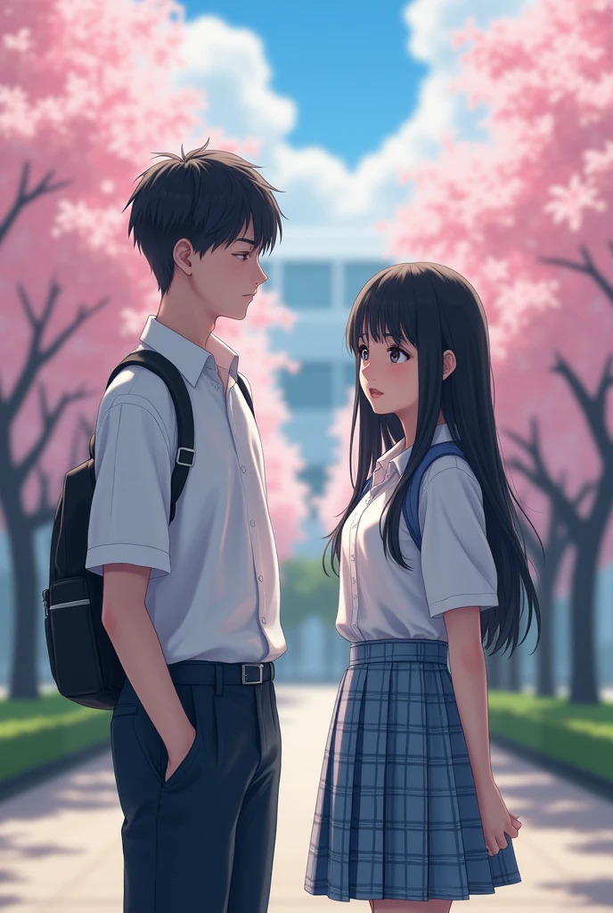 Japanese high school girl with straight black hair。
The uniform is a white shirt, giving it a realistic, photo-like feel.。
The skirt is checkered in light blue, navy blue, and gray.。
Her skirt is above the knees, her hair is waist-length, her bangs are neatly trimmed and cover her eyebrows, she has a troubled look on her face, she looks like a member of Nogizaka46, she is seen from the right diagonal, her height is 180cm。
He is standing next to his twin brother who looks like a model. They are both main characters. It's like a photograph.