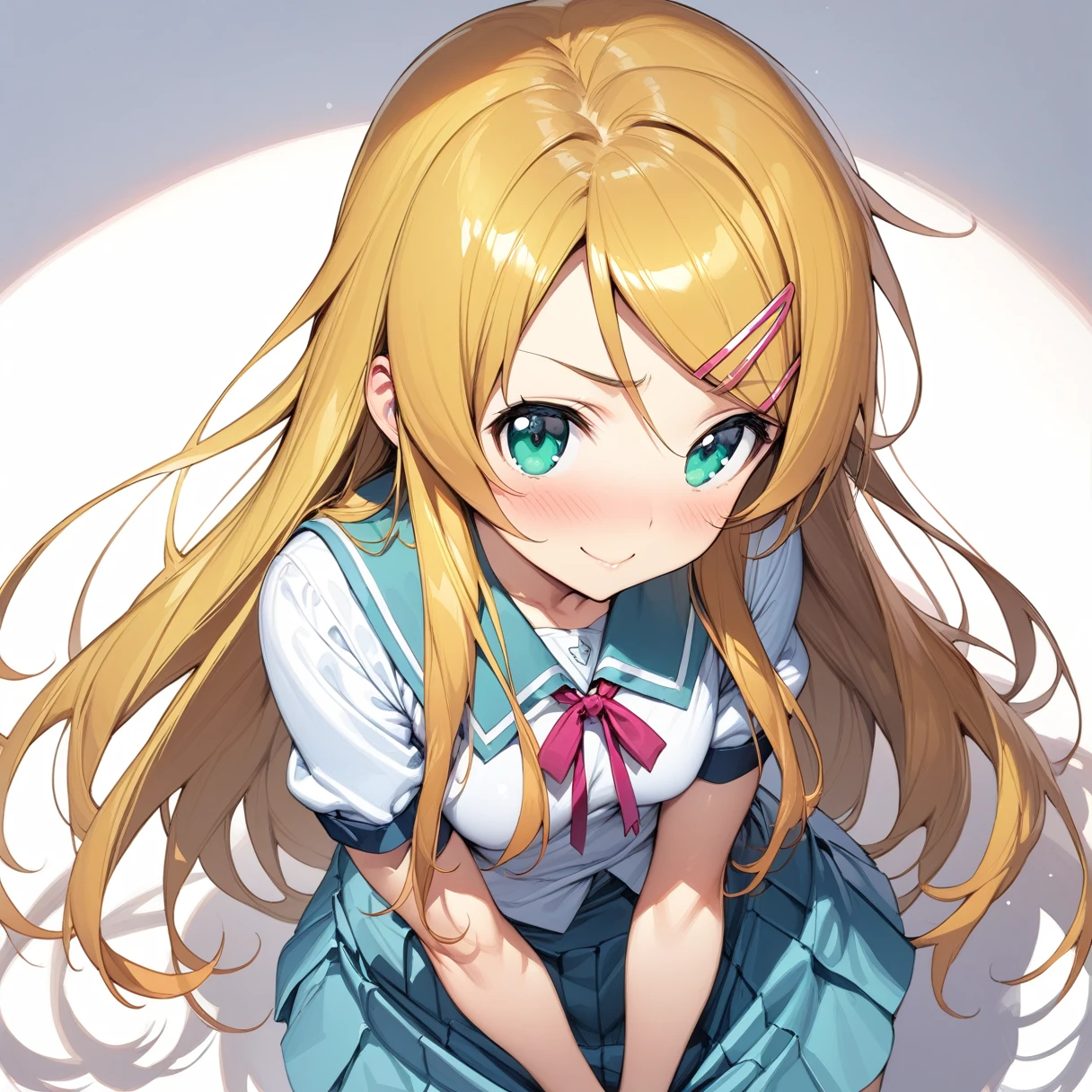 (masterpiece),(Highest quality),(Very detailed),(Best illustrations),(Best Shadow),(Absurd),(White background),(White Room),(so beautiful), (Perfect body:1.3), kirino kousaka, Blonde, Long Hair, Hair Clip, Green Eyes, bangs, Schoolgirl uniform, View your viewers, Upper Body, smile,Embarrassed,Leaning forward,(Skirt Lift:1.3),(Grab your skirt:1.3)