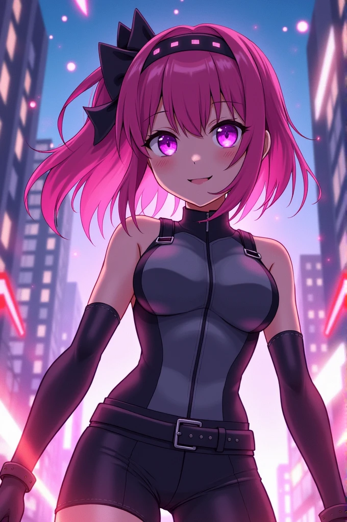 A Cute Girl with white skin, young body, size (small), chubby, short hair (up to the shoulders) pink and wavy [with black tones], shades of pink [bright], bbwchan, big breasts, black clothes (yor forger costume), round face, smile, with a pistol in hand, anime style, simple background, city environment, Close Up.