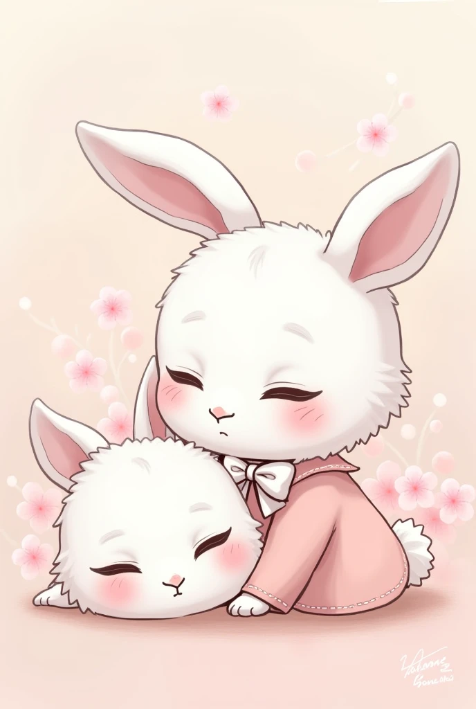 White character with white bunny ears and pink suit with white bow on the neck white face and closed eyes with sad mouth and pink cheeks white gloves and a white rabbit
