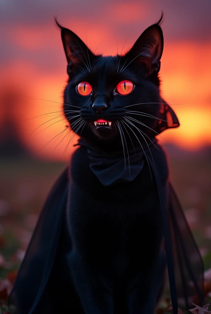 A cat is devil moad red eyes sunset big costume black teeth